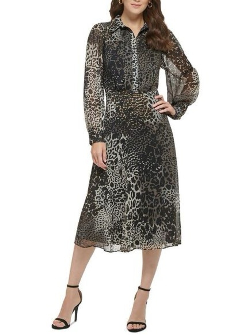 DKNY Sheer Long-Sleeve Animal Print Midi Dress - Black/Tan